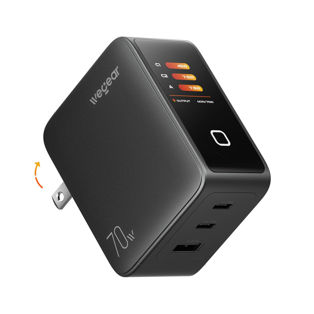 70W GaN USB-C 3-Port Fast Charger with Smart Display