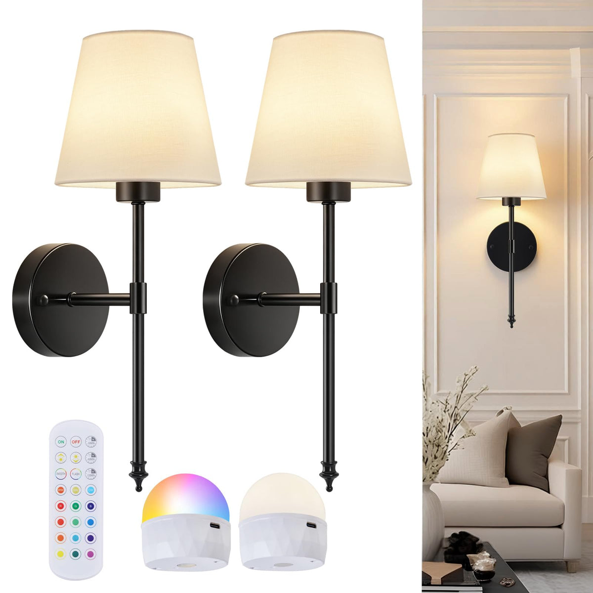2-Pack Rechargeable Battery-Operated Wireless Wall Sconces