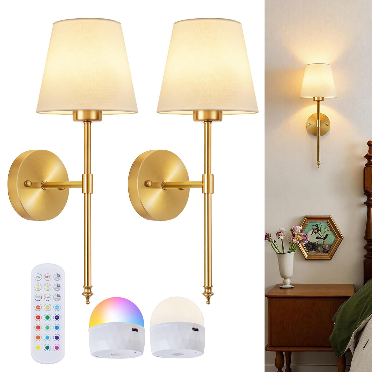 2-Pack Rechargeable Battery-Operated Wireless Wall Sconces