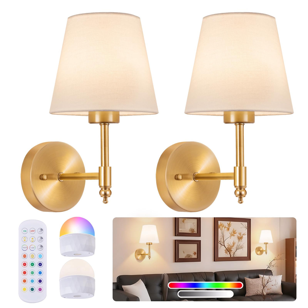 2-Pack Rechargeable Battery-Operated Wireless Wall Sconces