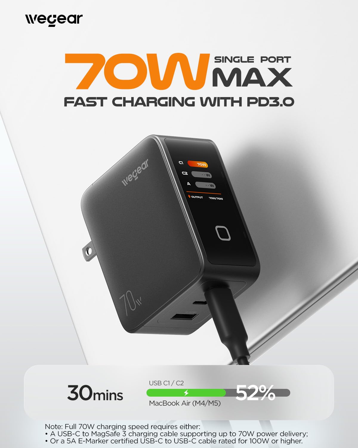 70W GaN USB-C 3-Port Fast Charger with Smart Display