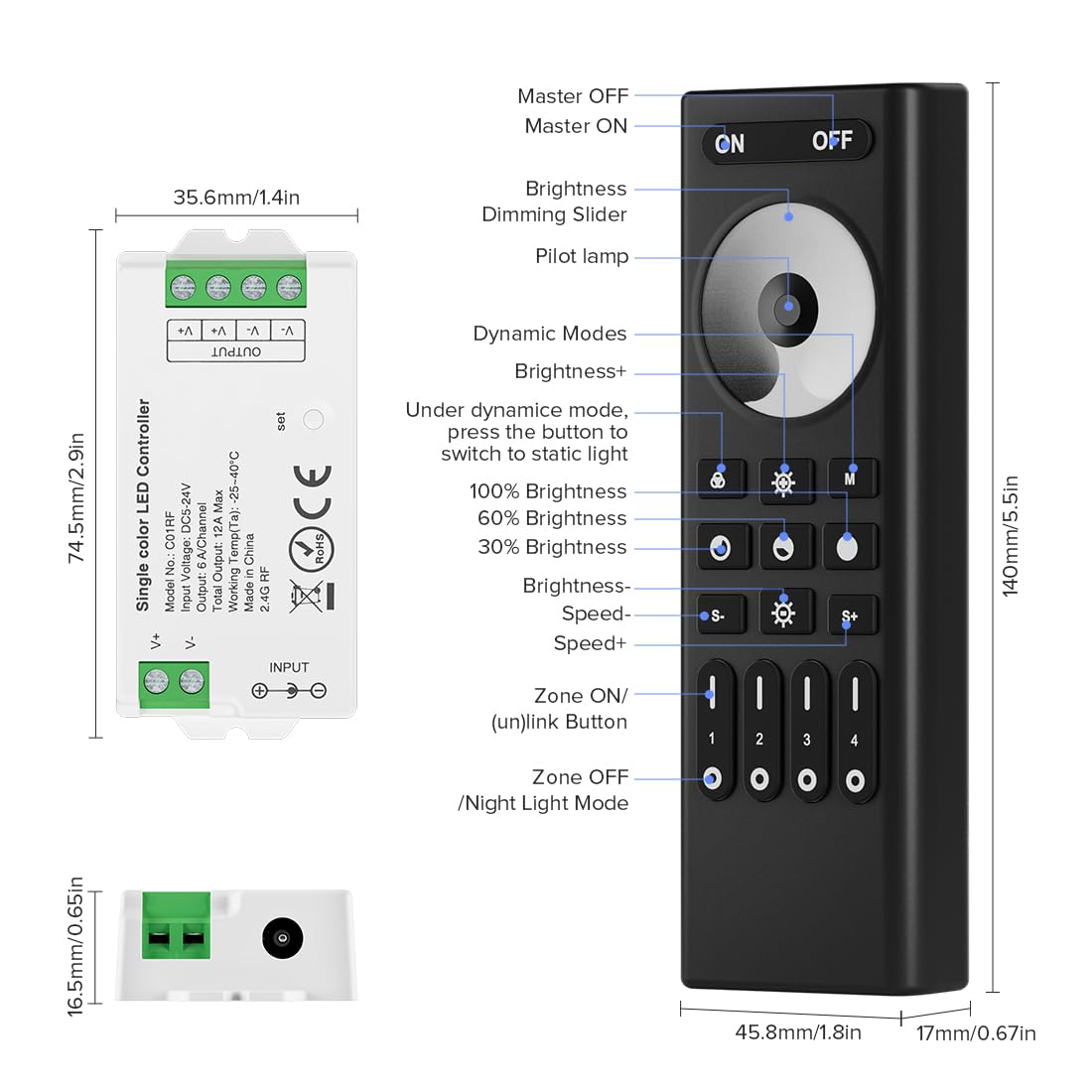 BTF-LIGHTING RF Remote Controller Kit for LED Strip Lights