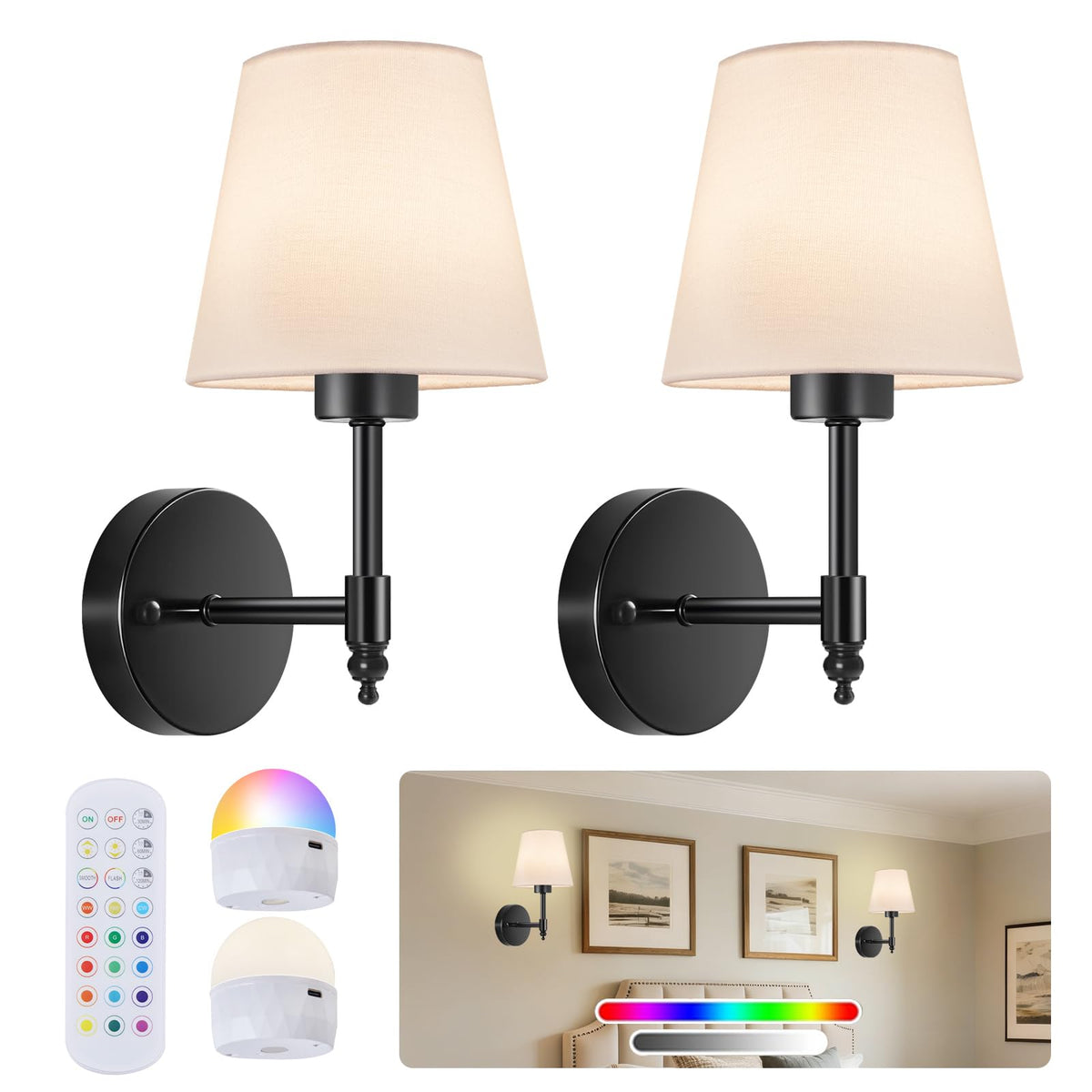 2-Pack Rechargeable Battery-Operated Wireless Wall Sconces
