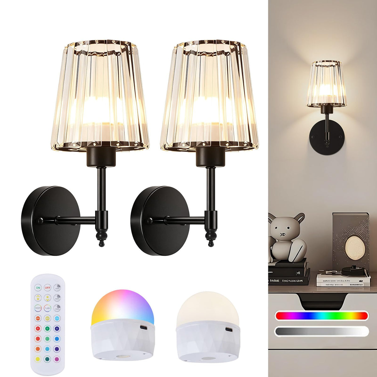 2-Pack Rechargeable Battery-Operated Wireless Wall Sconces