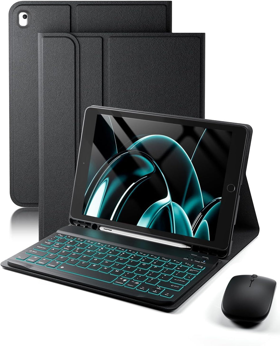TUNKARMOR Backlit iPad Keyboard Case with Mouse & Pencil Holder