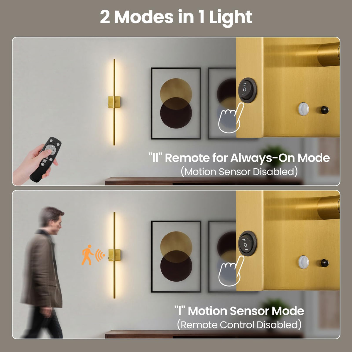 2-Pack Rechargeable Motion Sensor Wireless Wall Sconces