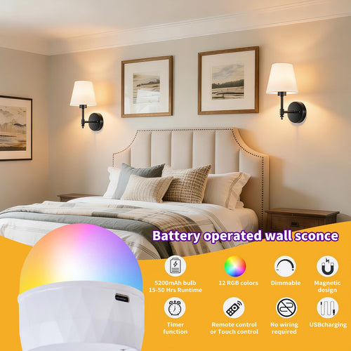 2-Pack Rechargeable Battery-Operated Wireless Wall Sconces