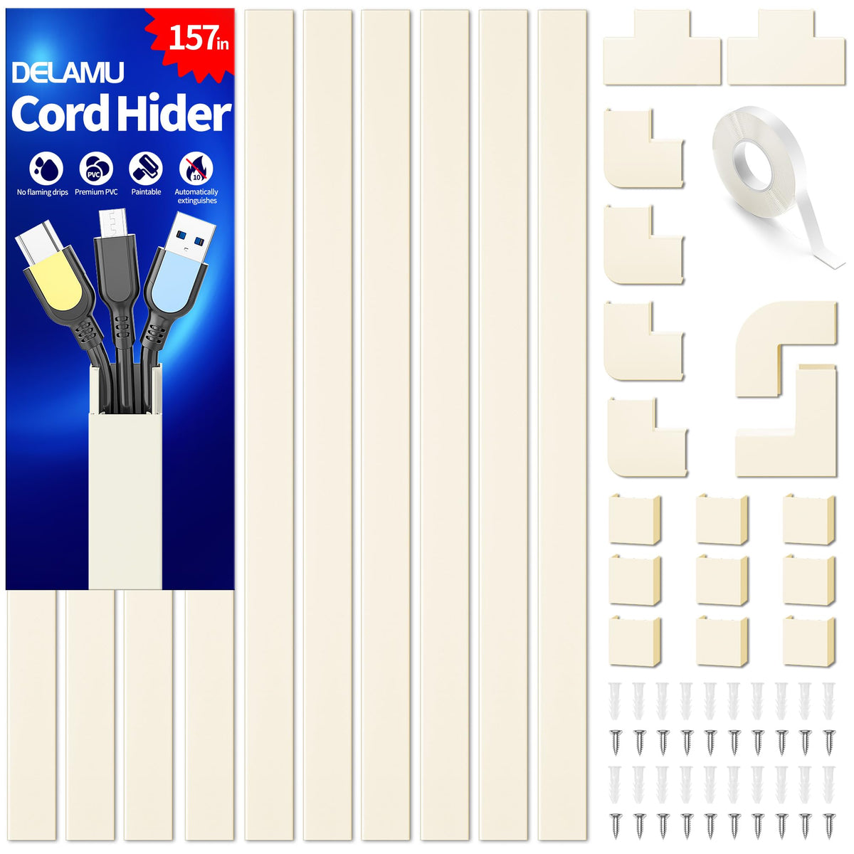 Delamu Paintable Cable Raceway & Cord Concealer Kit