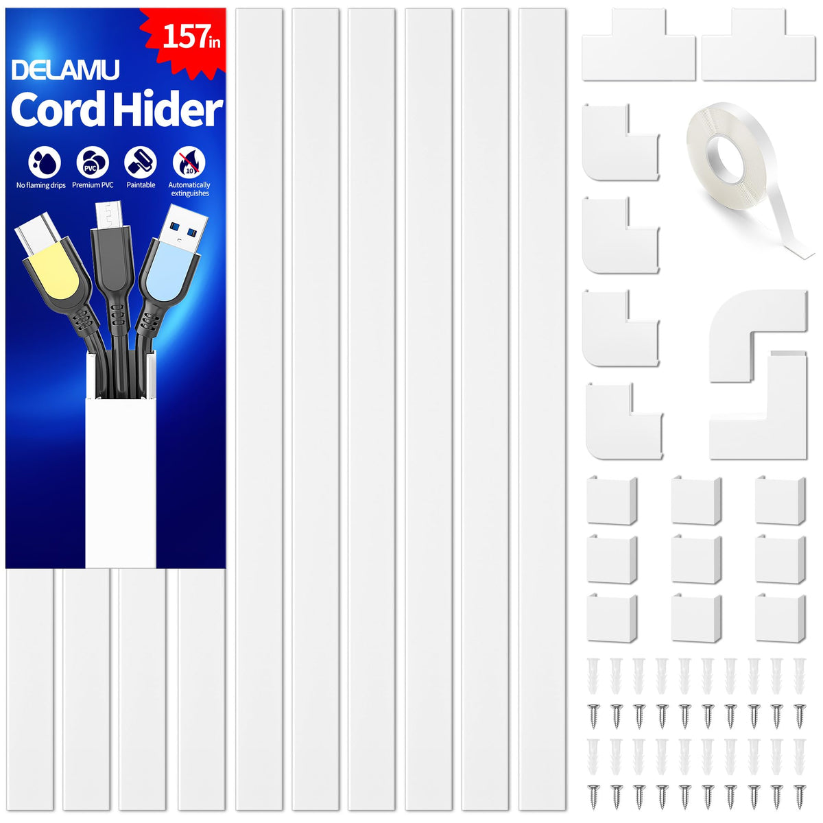 Delamu Paintable Cable Raceway & Cord Concealer Kit