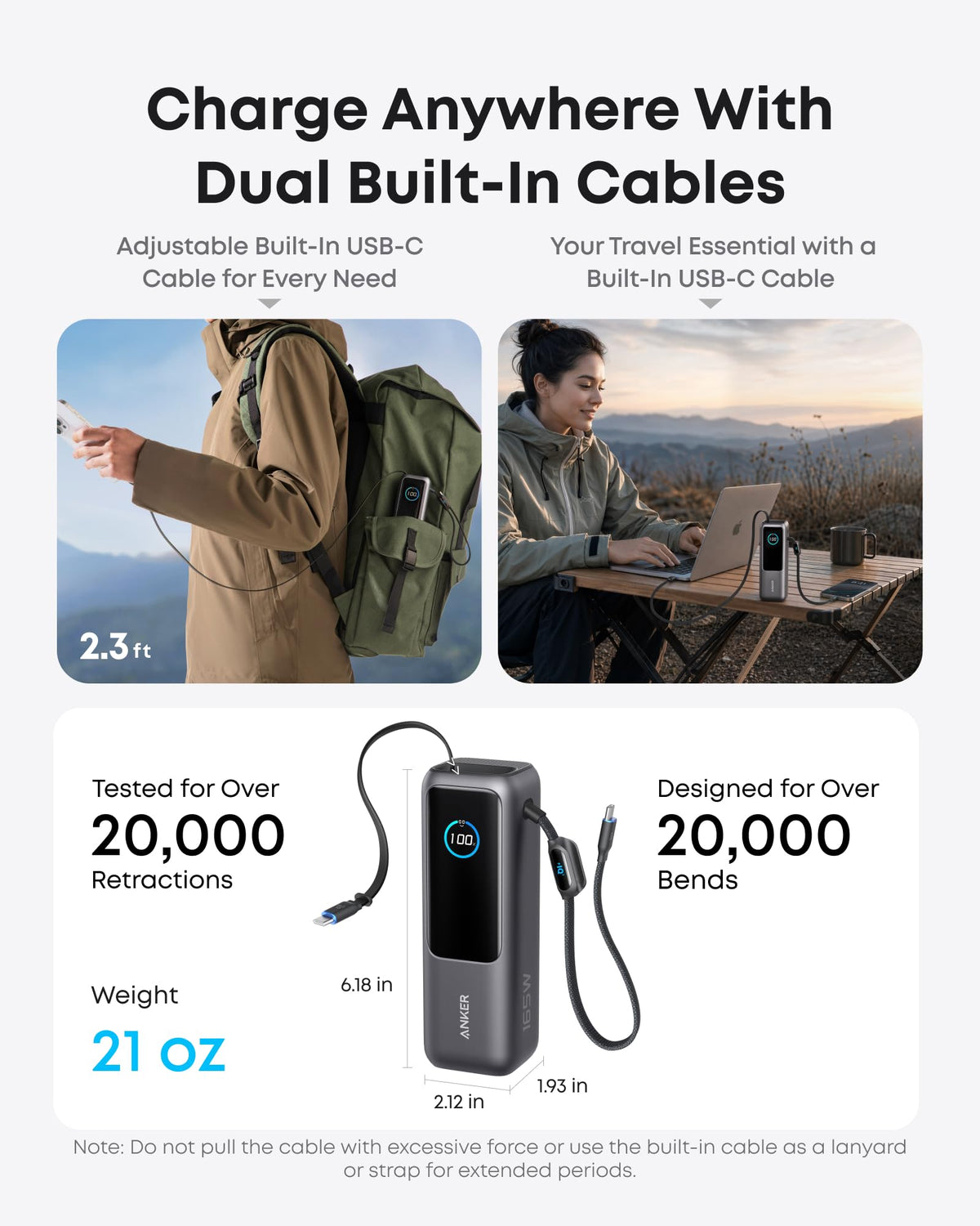 25,000mAh 100W Laptop Power Bank with Built-In Cables