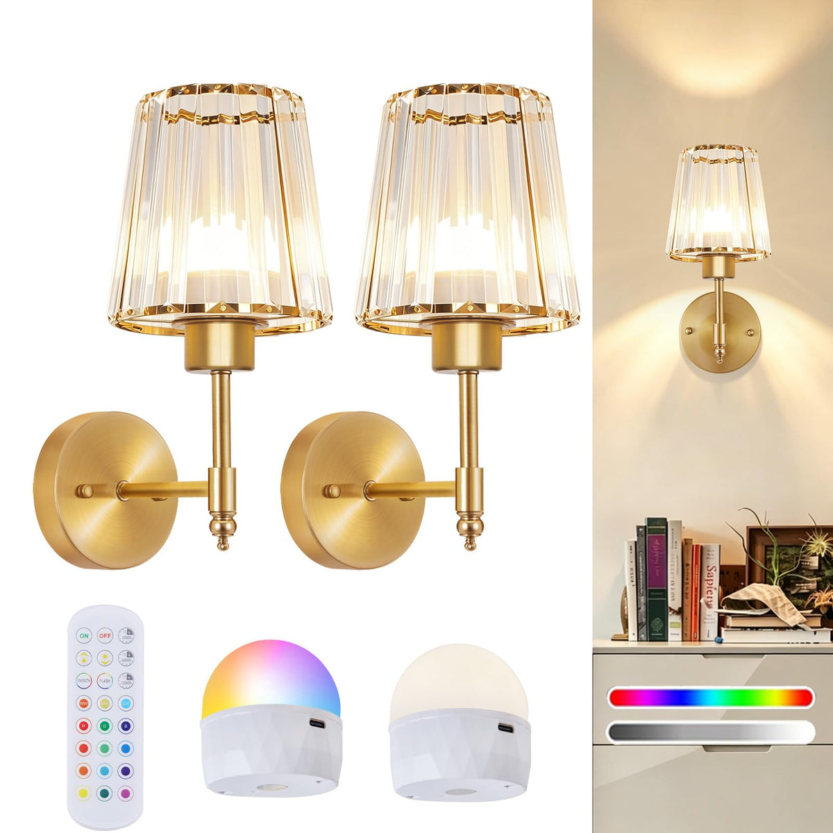 2-Pack Rechargeable Battery-Operated Wireless Wall Sconces