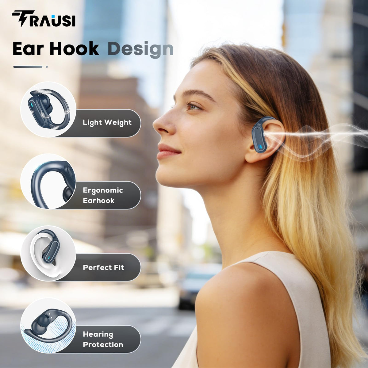 TRAUSI 54H ENC Waterproof Sport Wireless Earbuds with Earhooks