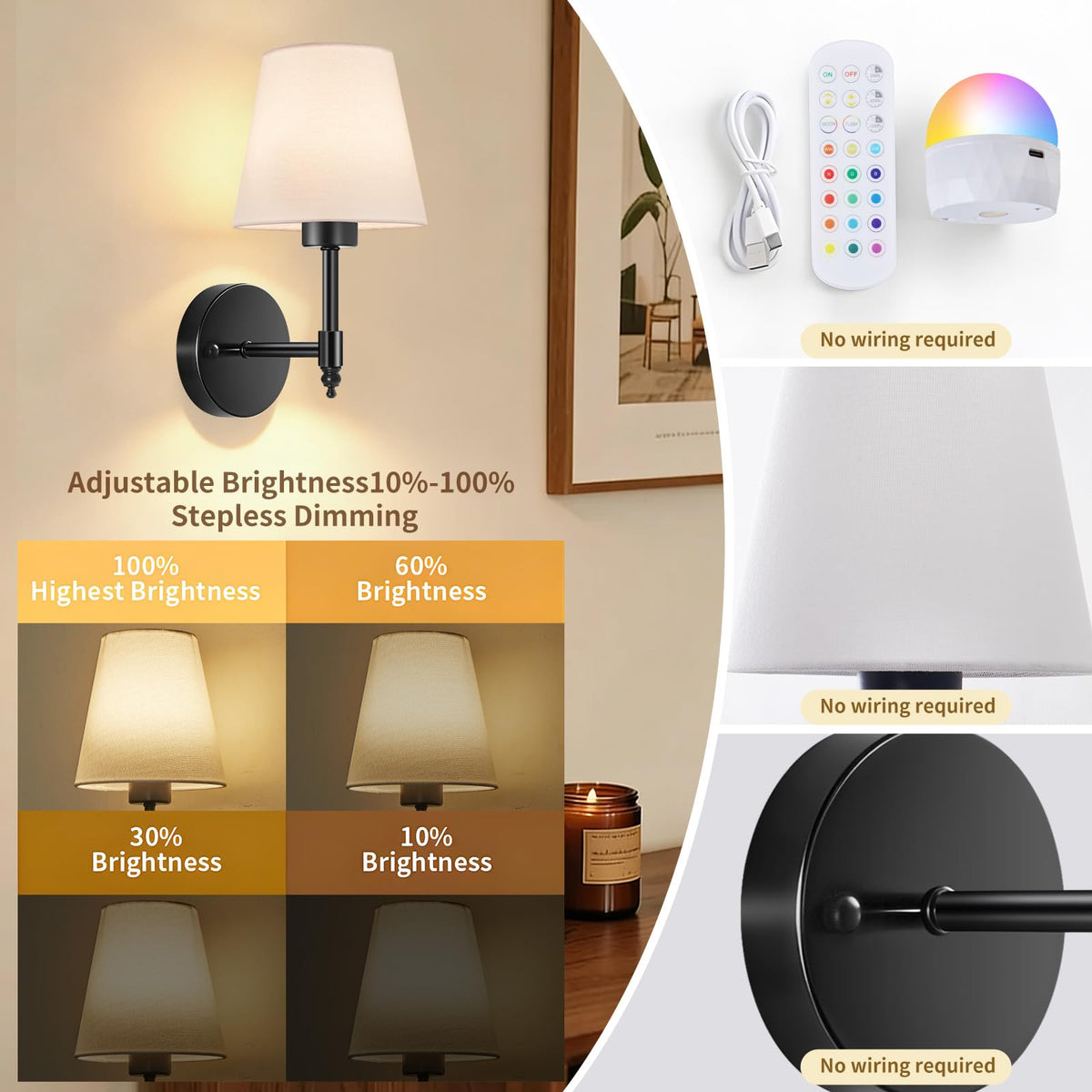 2-Pack Rechargeable Battery-Operated Wireless Wall Sconces