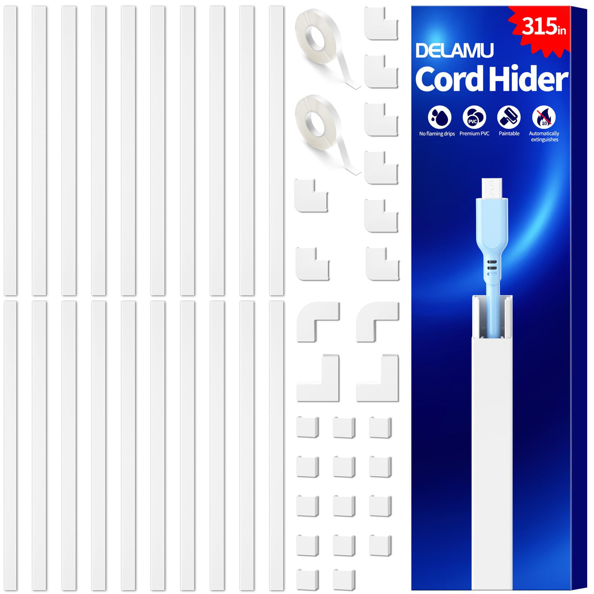 Delamu Paintable Cable Raceway & Cord Concealer Kit