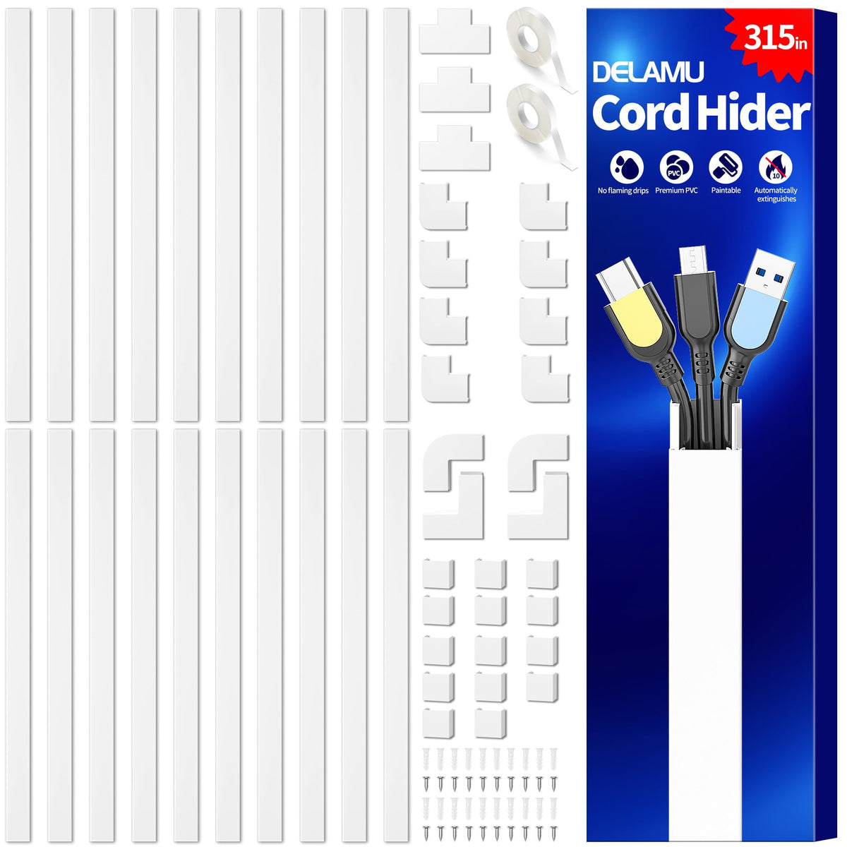 Delamu Paintable Cable Raceway & Cord Concealer Kit